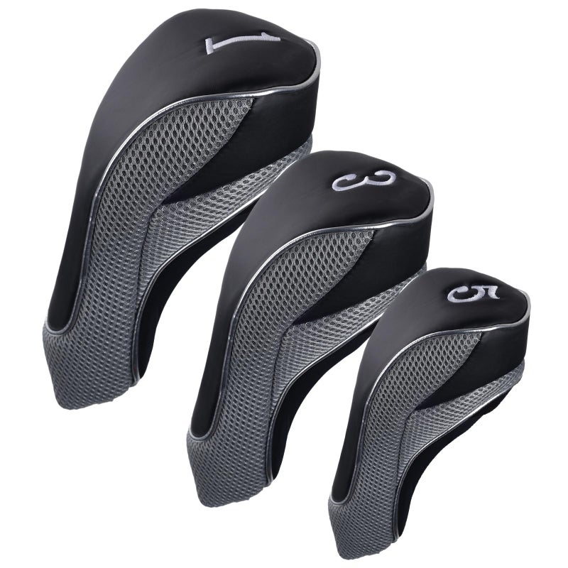 Andux Golf Club Driver Wood Head Covers with Hook & Loop Set of 3 Black/Grey - Image 1